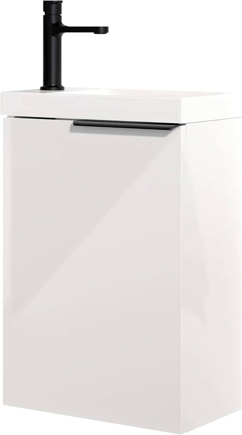 Bernstein Badmöbel-Set Tim 40cm Waschtisch-Unterschrank in Weiß Glänzend mit schwarzen Griff mit Keramik-Waschbecken, Badezimmermöbel