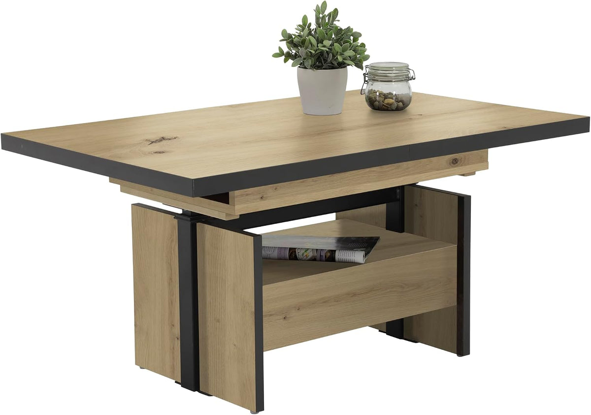 Hela Tische, Funktionscouchtisch Noah, Dekor Artisan Eiche, höhenverstellbar (Esstischhöhe) und ausziehbar, Liftbeschlag Schwarz, Schubkasten Grifflos