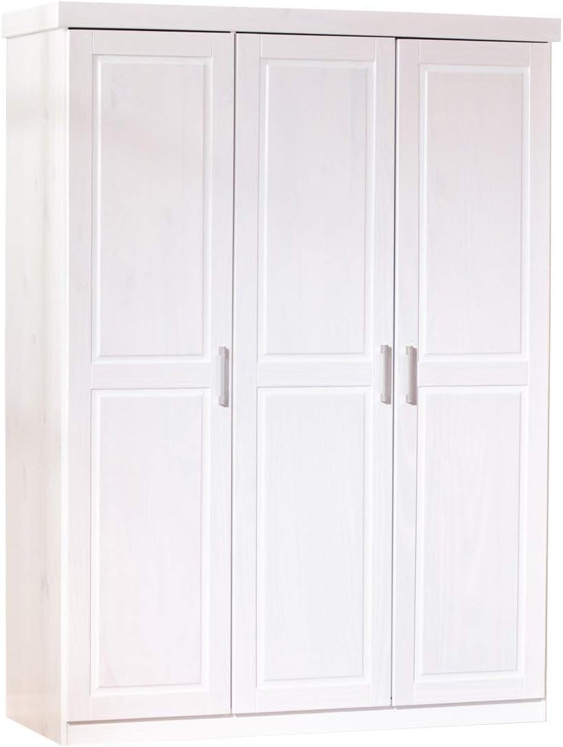 Inter Link, Kleiderschrank, Drehtürenschrank, Wäscheschrank, Garderobenschrank, Schlafzimmerschrank, 3 Türen, Kiefer massiv, Magnus, Weiß lackiert