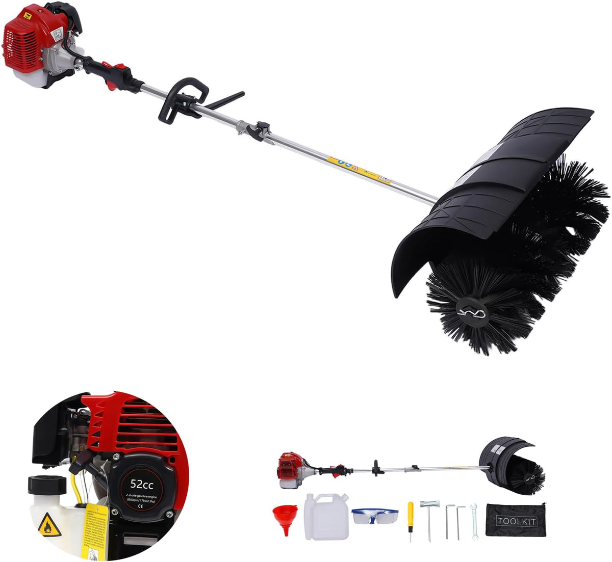 52cc Kehrmaschine Benzin Schneefräse Motorbesen Kehrbesen Schneeschieber mit Motor 2-Takt 2.3 PS Handkehrmaschine, 58 cm Kehrwalze