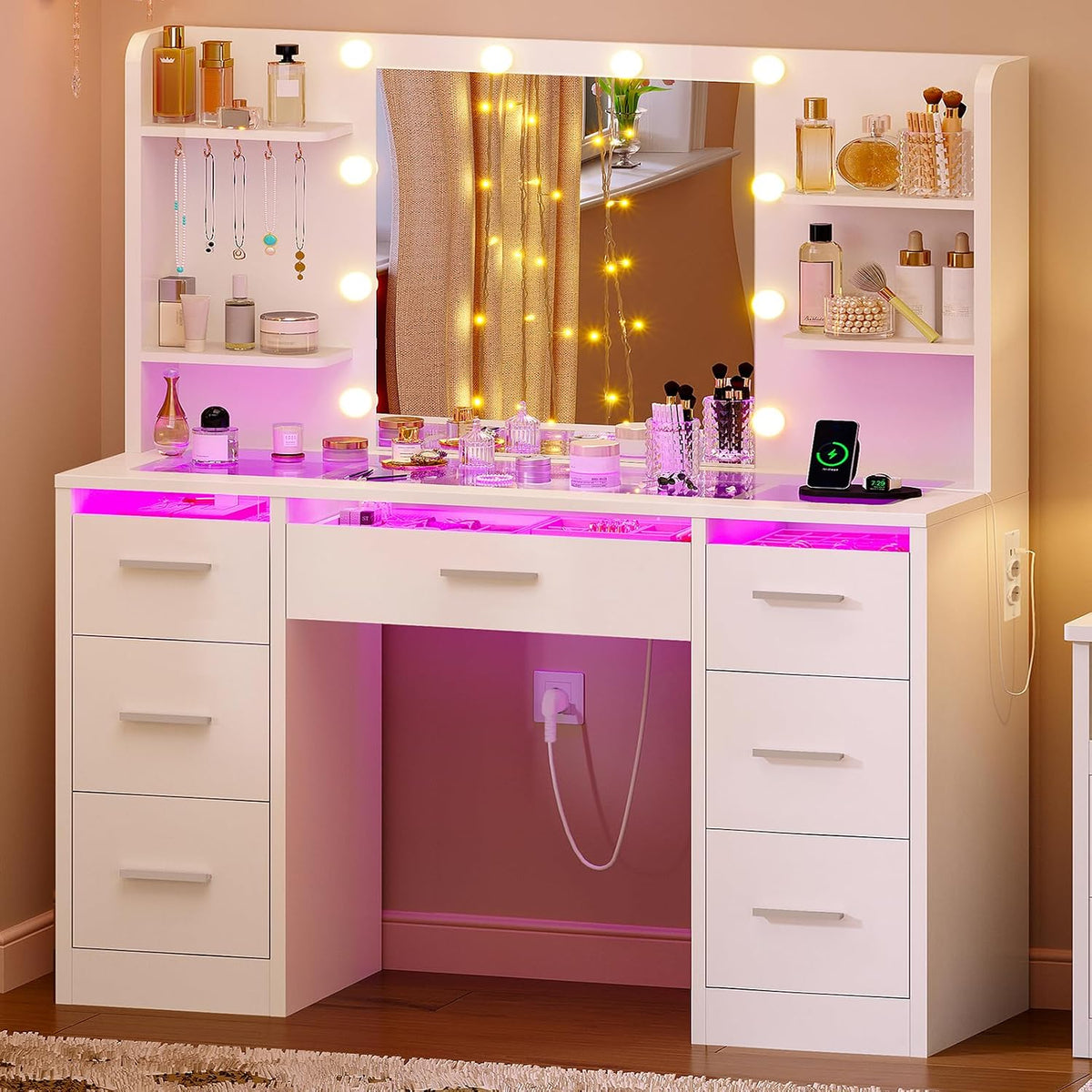 TEENFON Große Schminktisch mit LED-Beleuchtung und Steckdosen, 4 offenen Ablagen und 5 Schmuckhaken für das Schlafzimmer, Weiß