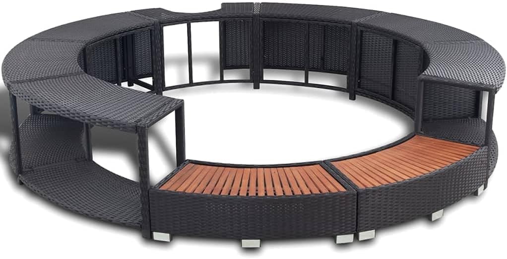 KOIECETA Umrandung mit Stauraum für Whirlpool Spa Schwimmbecken Poolumrandung Poly Rattan Schwarz Hartholz Rund Pulverbeschichteter Stahl, (V31009)