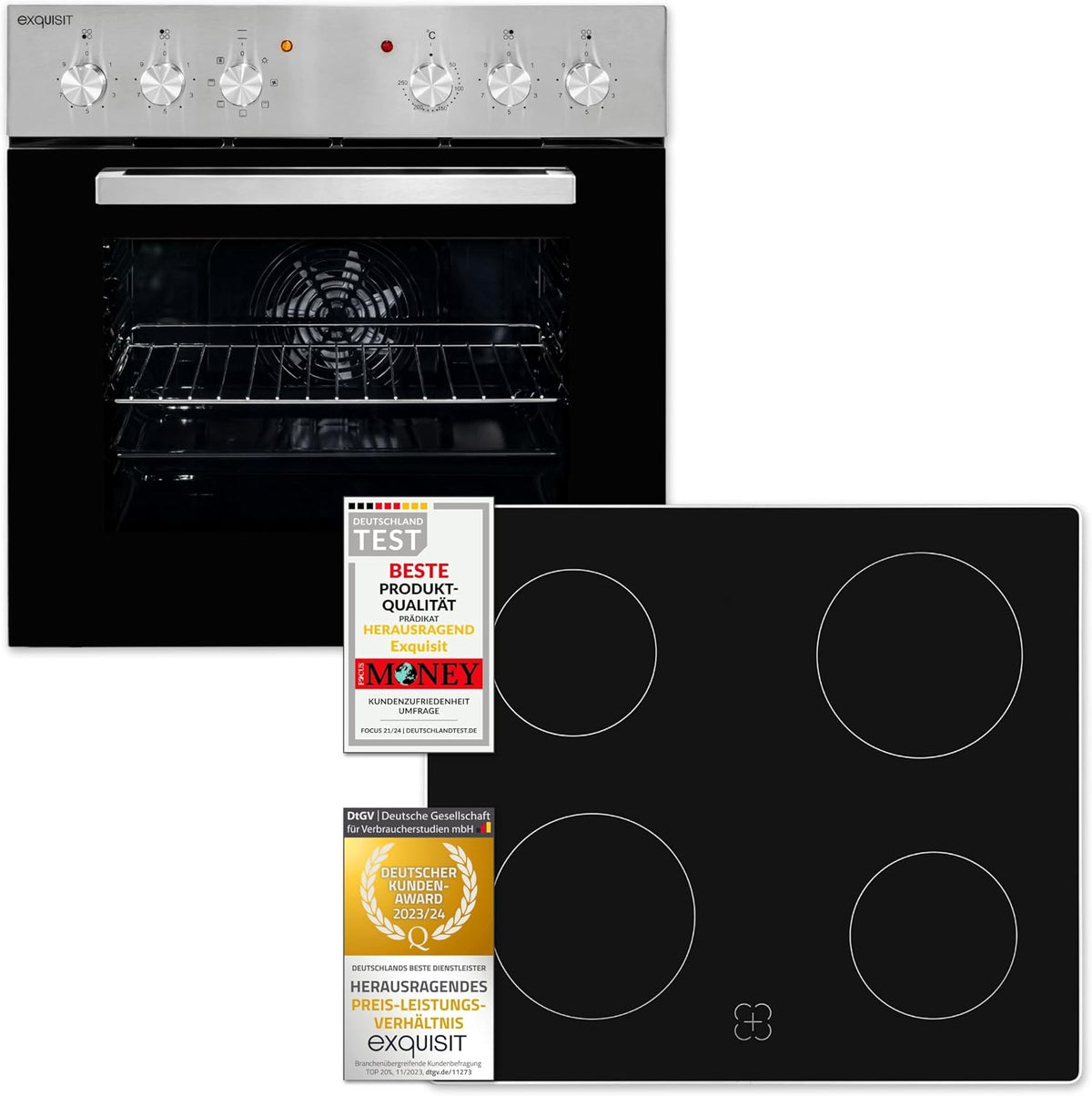 Exquisit EHE156-2.1U-Set Inox Einbauherdset, 59 l Backofen mit Umluft