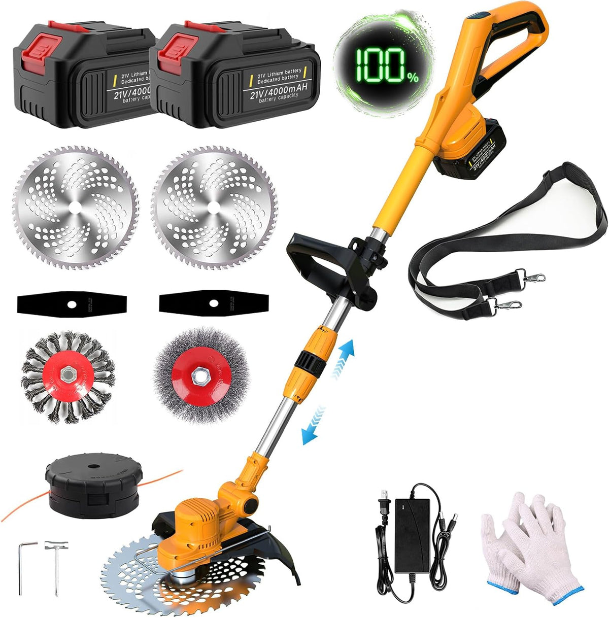 Akku Rasentrimmer mit 21v Akku, mit 2×4.0AH Akku-Rasenkantenschneider, Elektro-Trimmer Verstellbarer Teleskop-Führungsholm für Garten, Hof (orange)