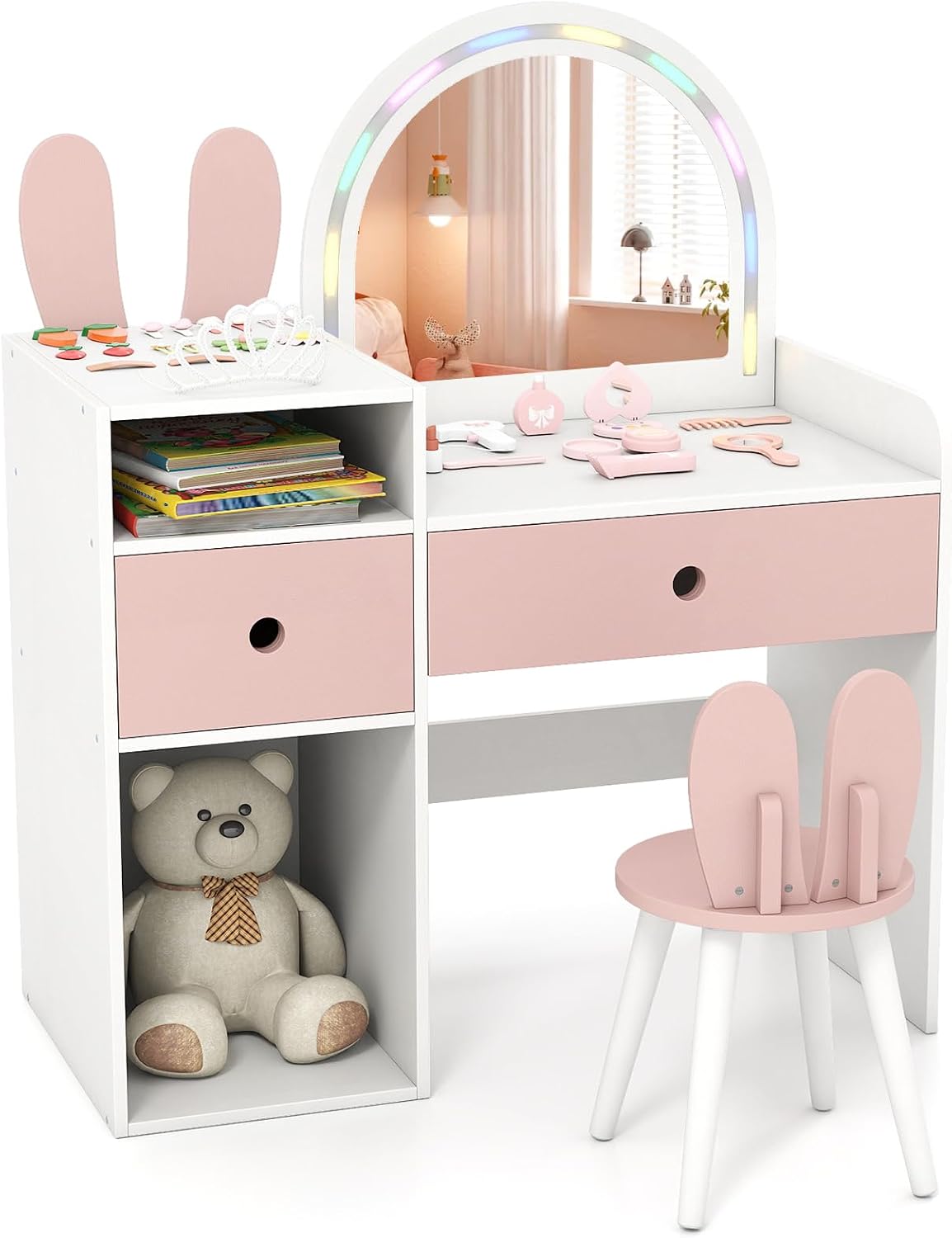 COSTWAY Kinder Schminktisch mit Beleuchtung, Frisiertisch mit bunten LED-Lichtern & Hocker, Kinderschminktisch mit 2 Schubladen, offenen Fächern
