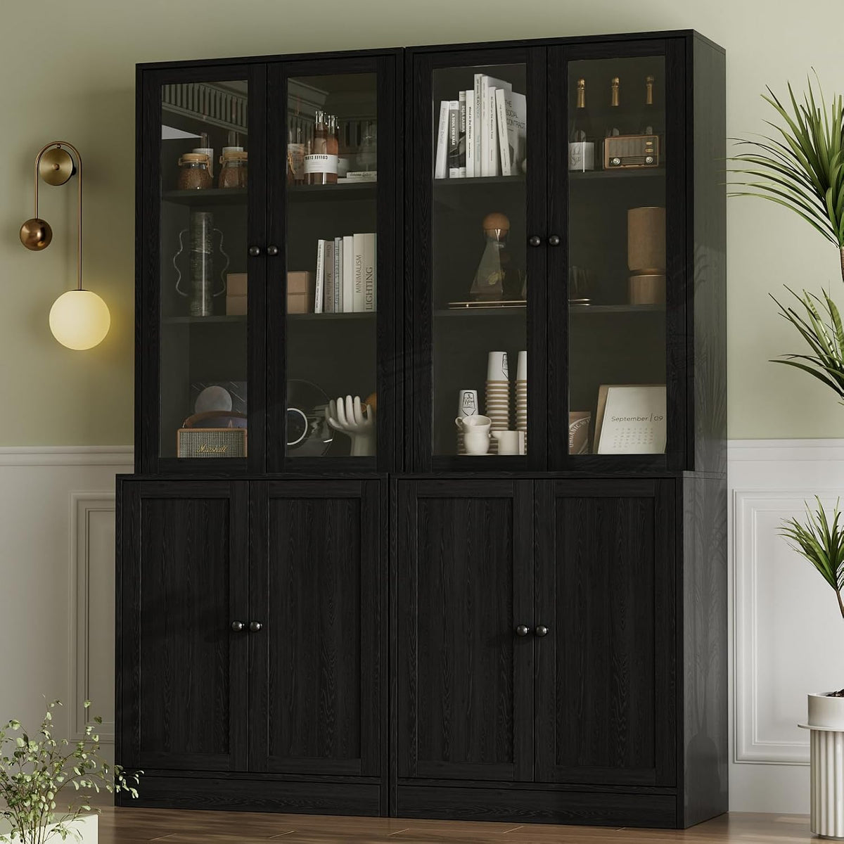 VOWNER 5-stöckiges Bücherregal mit Glastüren, 2PCS, 180 cm Vitrinenschrank, Buffetschrank für Küche, Küchenschränke, Küchenschrank Hochschrank