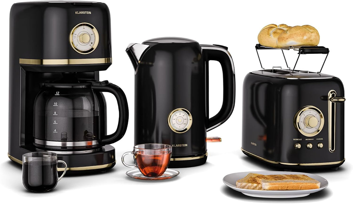 Klarstein Victoria Vollständiges Frühstücksset, Wasserkocher 1,7L, Toaster 2 Scheiben mit Brötchenaufsatz, Filterkaffeemaschine 12 Tassen, Schwarz