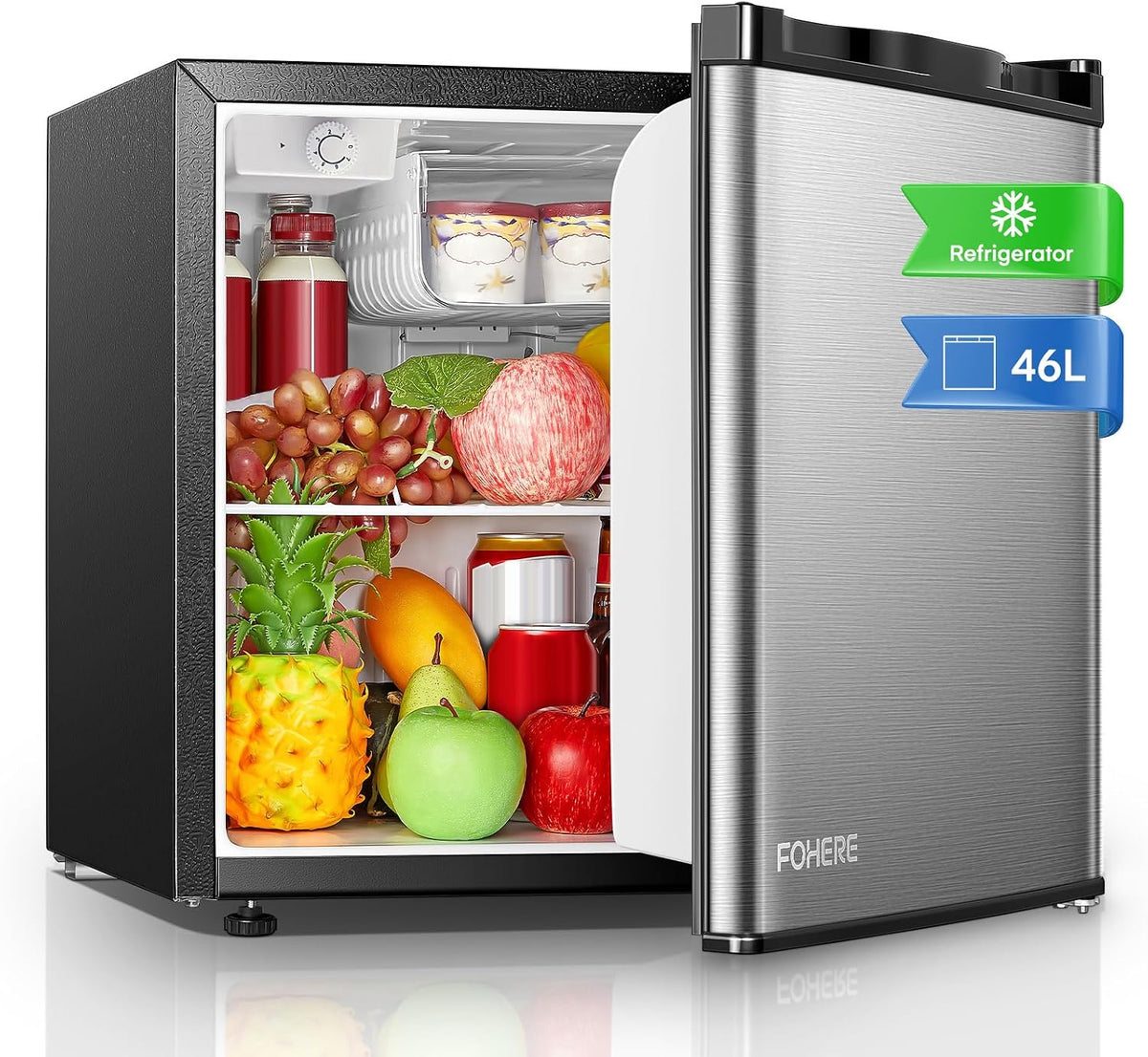 FOHERE Mini Kühlschrank 46L, Kühlschrank klein mit 7-Stufen Thermostat, Energieeffizienter Kompaktkühlschrank für Schlafzimmer, umkehrbarer Tür, Büro
