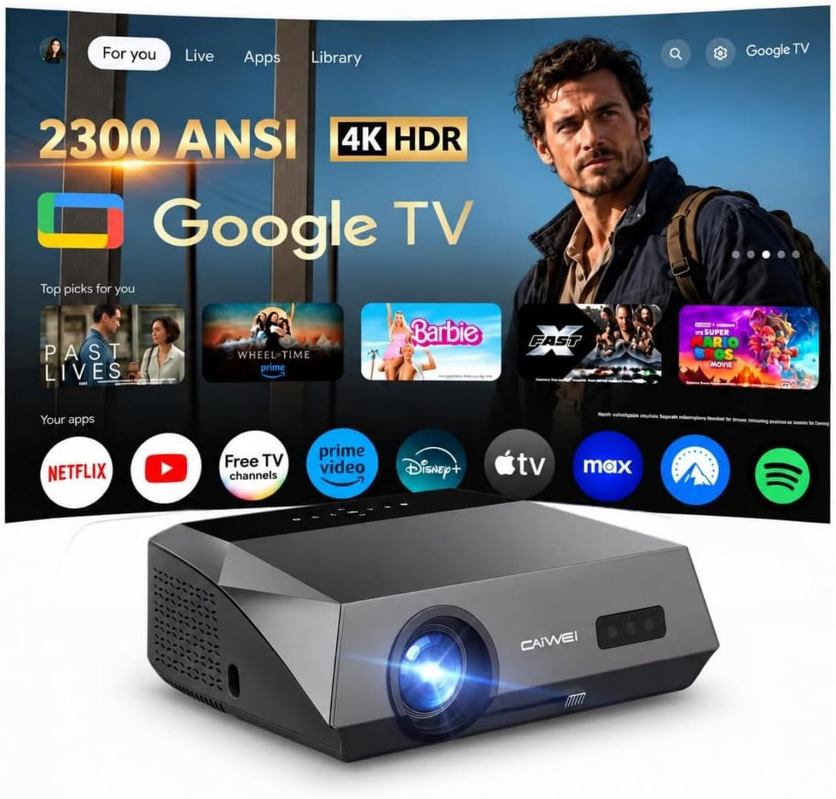 Google TV Smart Beamer 4K für Heimkino Tageslicht 2300 ANSI Ultra HD ToF Autofokus HDMI ARC NFC Dolby LED Projektor AI Cooling, WiFi6 für Outdoor
