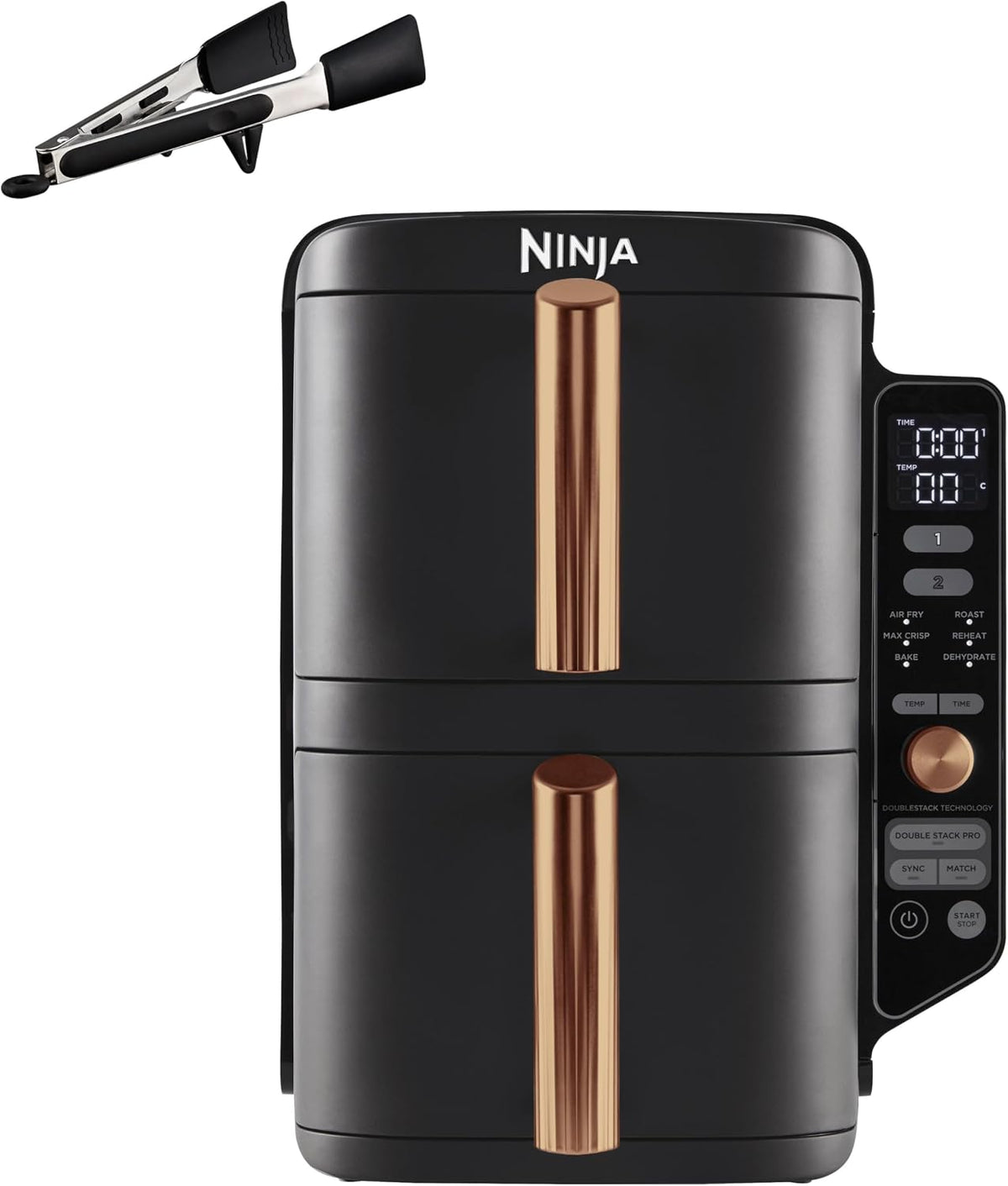 Ninja Double Stack XL Heißluftfritteuse, Schwarz/Kupfer SL400EUCP, 9,5 L Fassungsvermögen, 2 vertikale Schubladen, 4 Kochstufen, 2 Einschübe, Zange