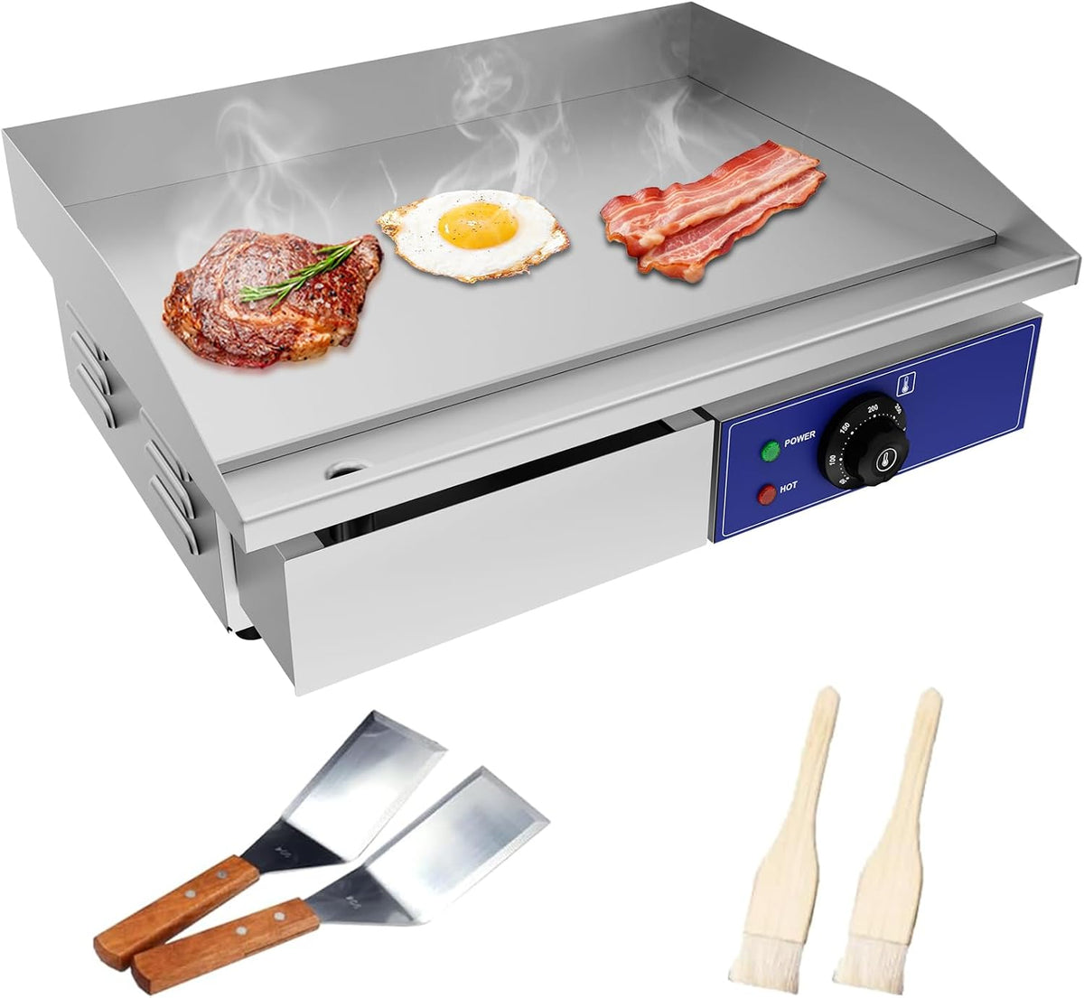 TAIMIKO Elektrische Grillplatte, 55 x 35,5 cm, 3000 W, Mit Thermostat Und Abnehmbarer Saftwanne, Professionell, 2 Kochzonen, Kommerziell, Edelstahl