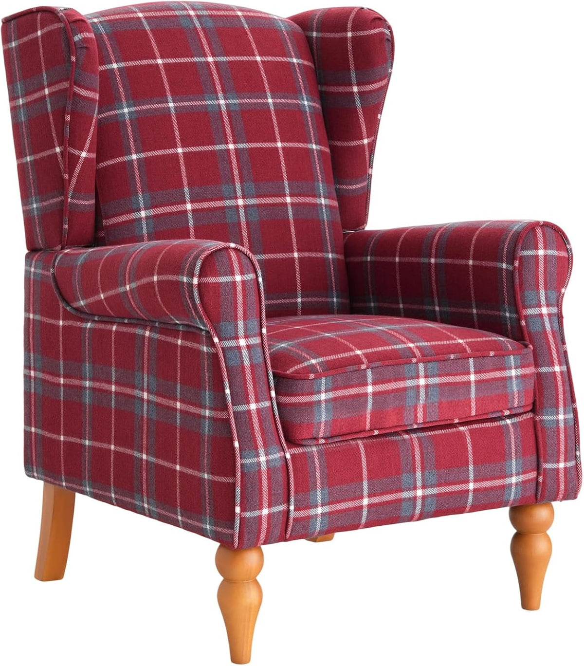 Ohrensessel, Vintage Sessel mit Holzfüße, Einzelsessel für Wohnzimmer, gepolsterte Relaxsessel, Schlafzimmer, Leinen (Rot)