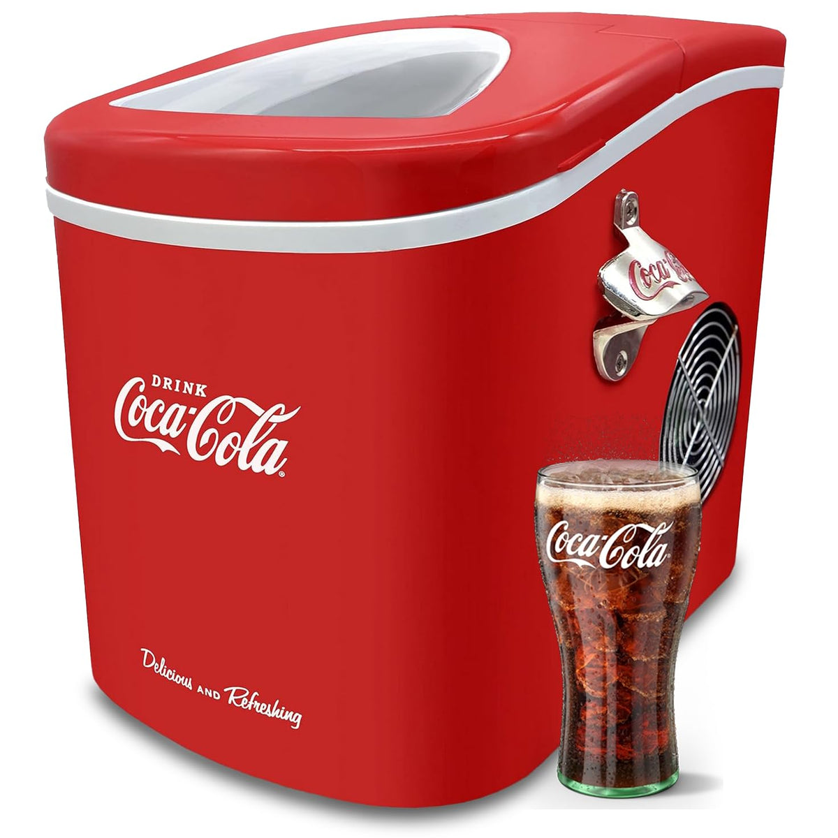 Salco Coca Cola Eiswürfelmaschine, 12 kg Eiswürfel pro Tag, Ice Maker mit 2 Eiswürfelgrößen, Tragbare Eiswürfelmaschine für Cocktails