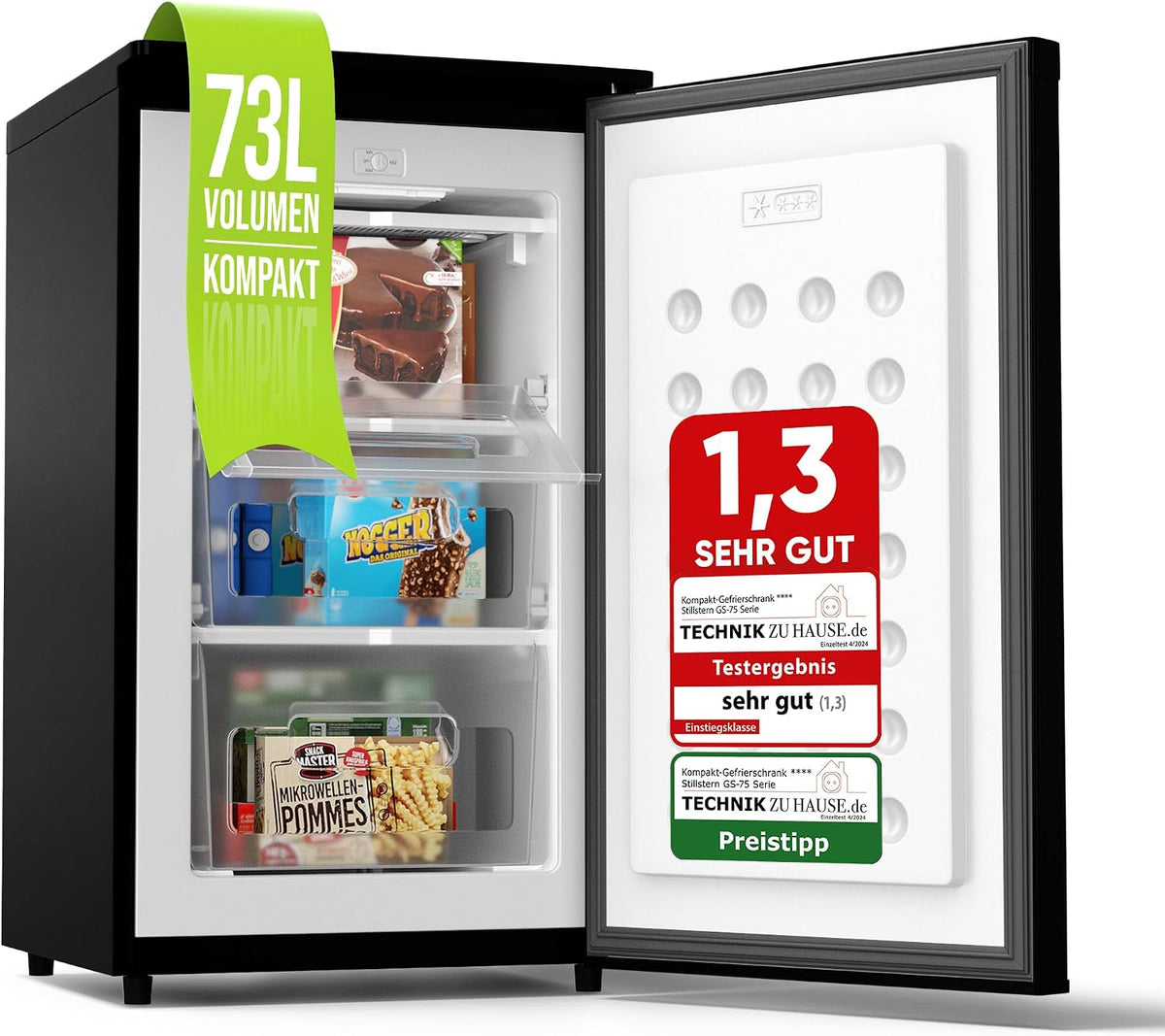 Stillstern Gefrierschrank C (73L) 4-Sterne-Gefrierfach -18°C ger. Energiever. Mini Freezer mit 3 Fächer, stufenlos reg. Temp., kleine Tiefkühltruhe
