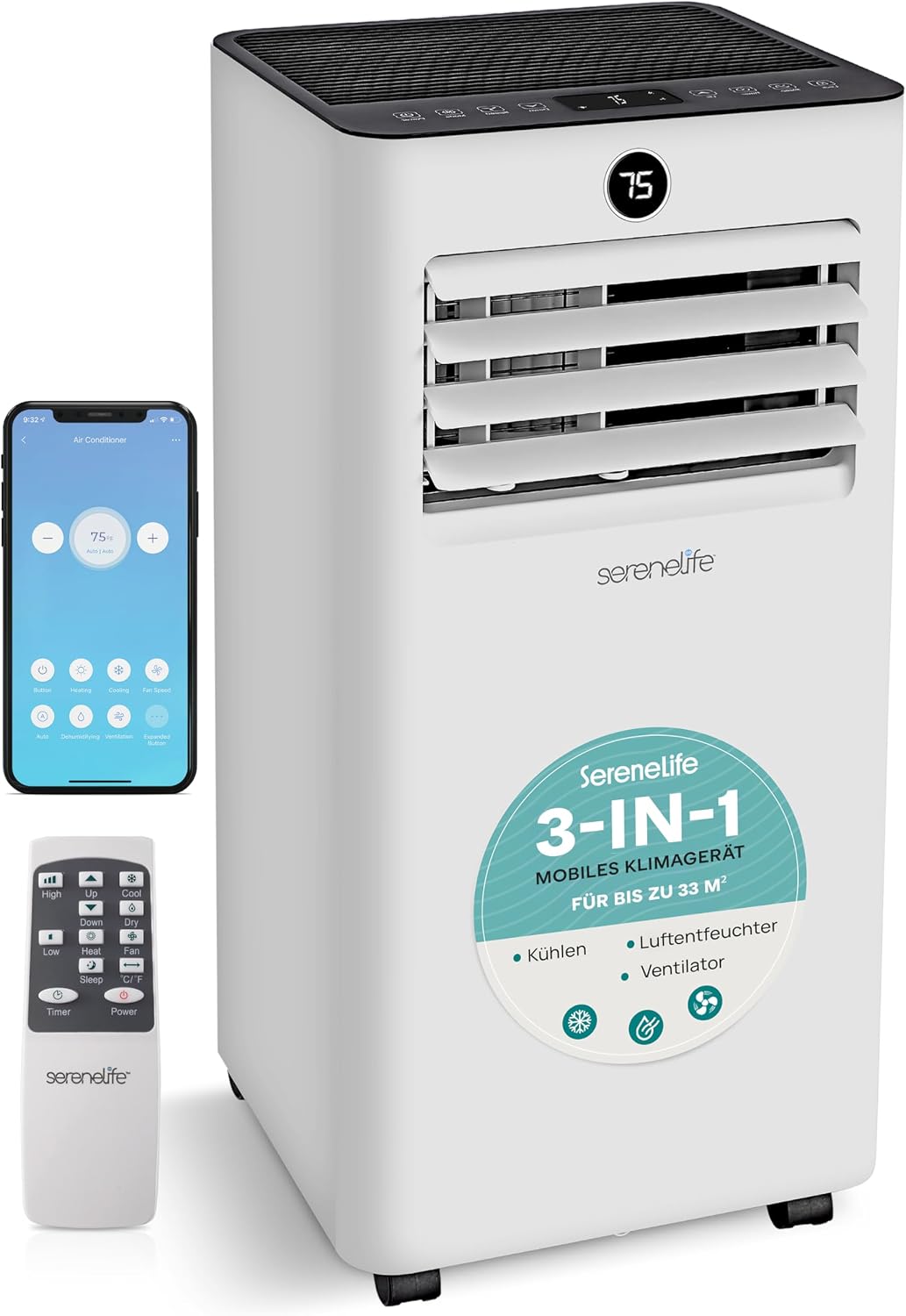SereneLife Klimaanlage Mobil mit Abluftschlauch 7000BTU, WLAN- 3-in-1 Klimagerät für Heiße Sommertage mit Entfeuchter und Ventilator, Fensterkit