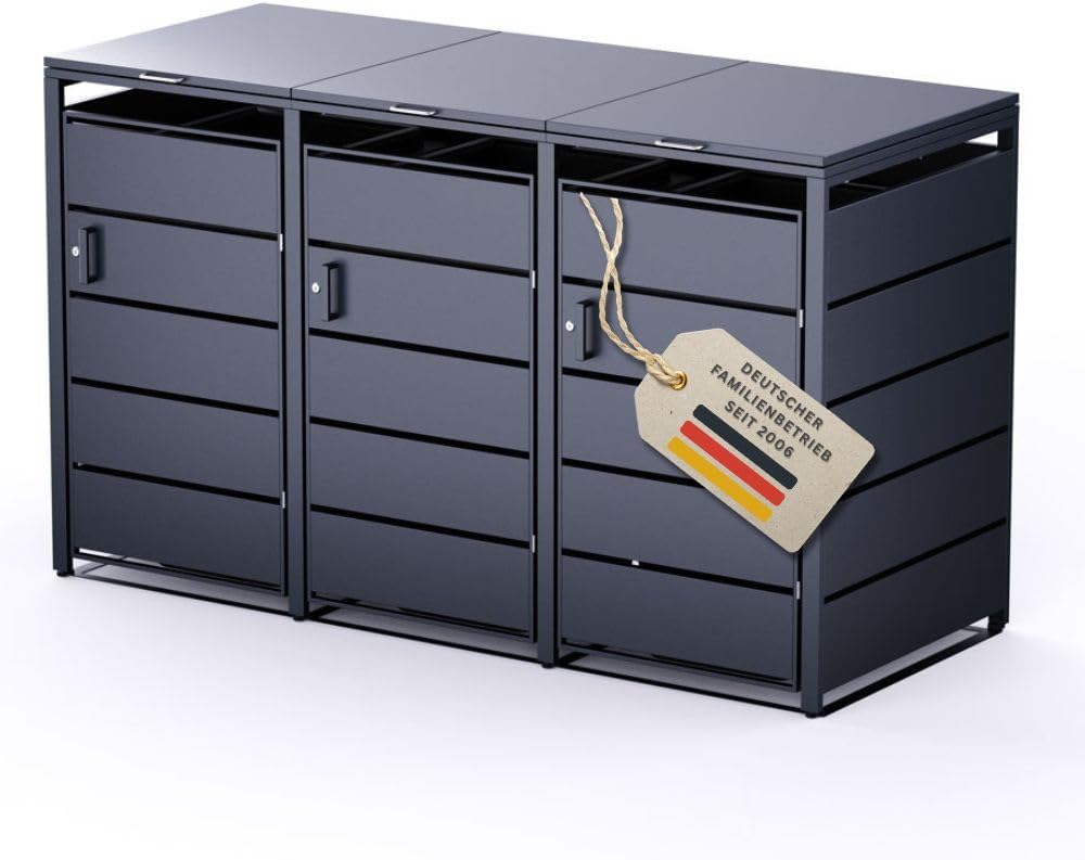RS Trade Mülltonnenbox 3er Anthrazit für 120L & 240L Mülltonnen, robuste Mülltonnenverkleidung mit 3 Türen, abschließbares wetterfestes Mülltonnenhaus