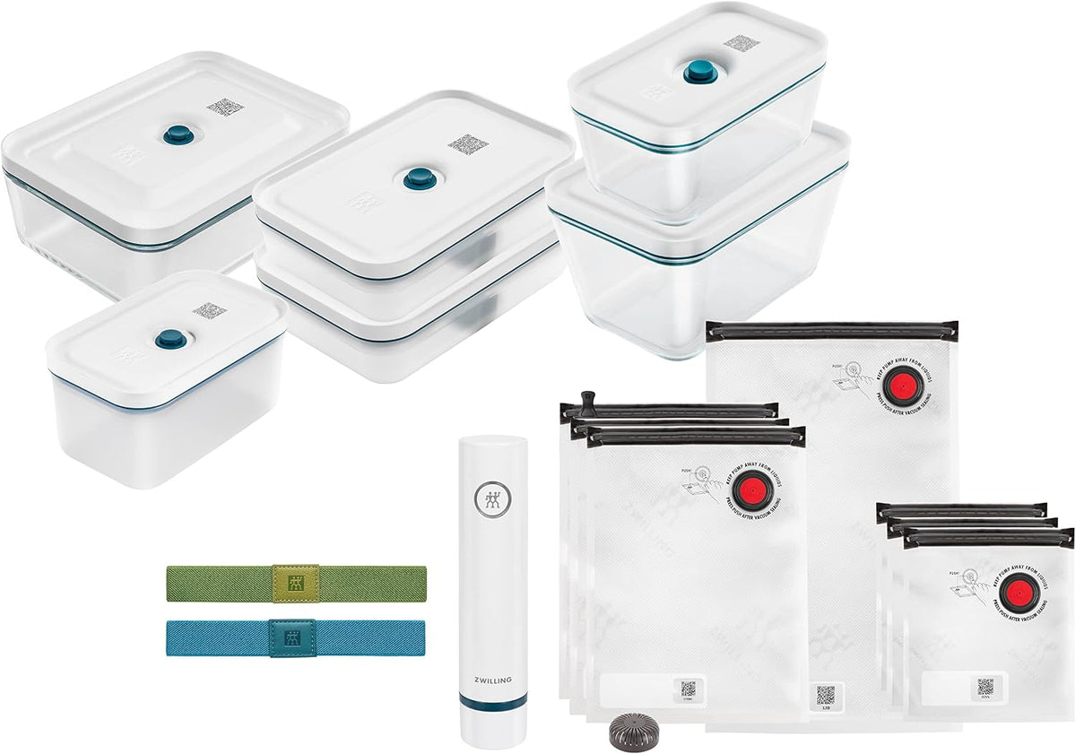 ZWILLING Fresh & Save Vakuumier-Starterset, 16-teilig, mit Pumpe, stapelbaren Glasdosen und Beuteln, La-Mer