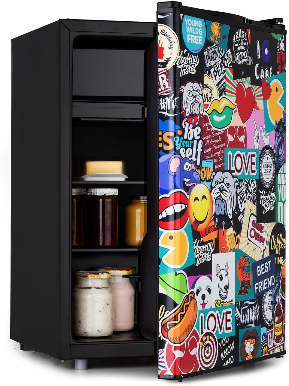 Klarstein Cool Vibe, Kühlschrank, Volumen: 70 Liter, Geräuschentwicklung: 42 dB, VividArt Concept: Tür mit Stickerbomb-Design Print, Eisfach, schwarz