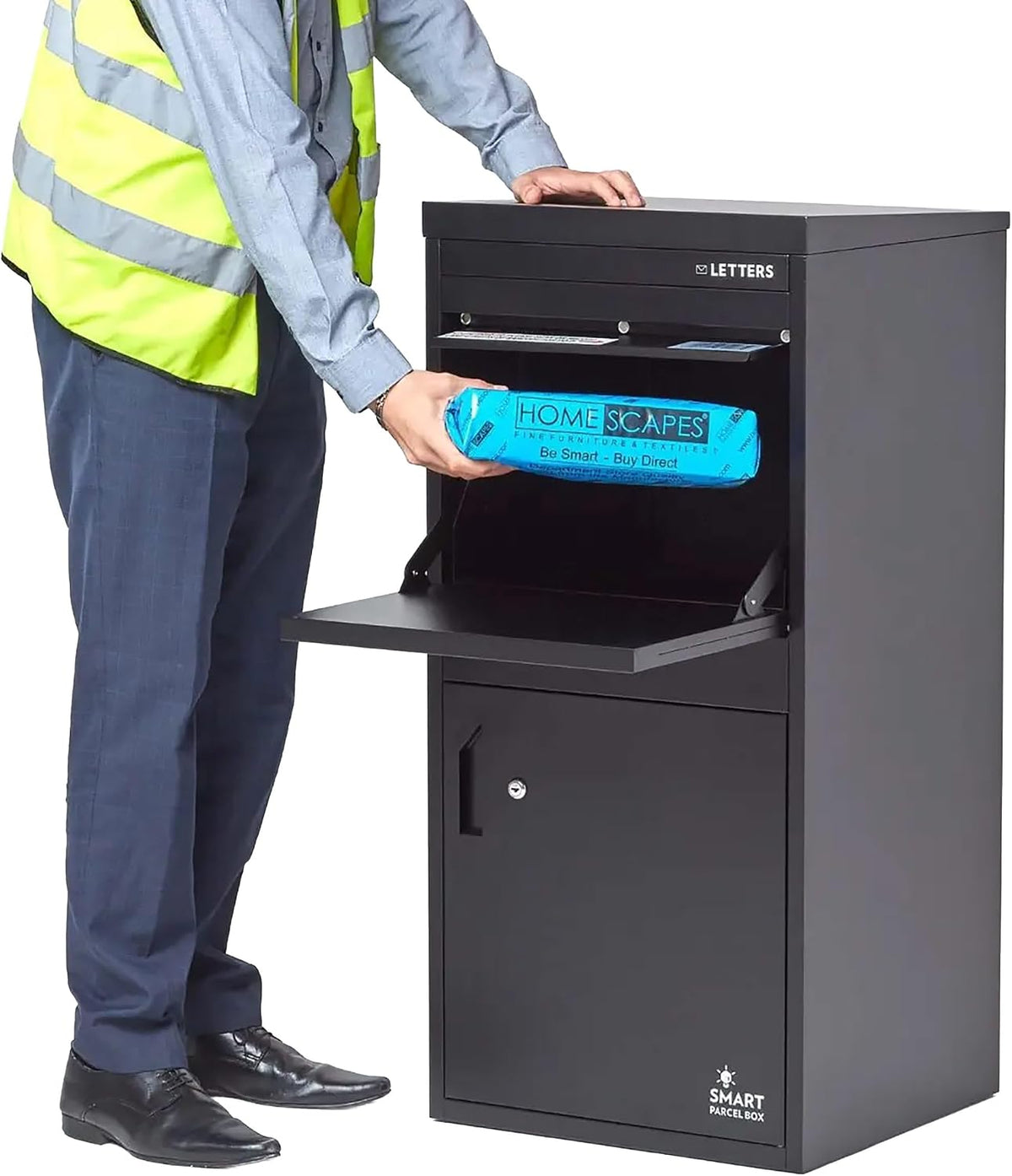 SMART PARCEL BOX XXL Paketbox für draußen, Paketbriefkasten zum Einbauen, zur Wandmontage oder freistehend, Entnahme hinten & vorne, rostfreier Stahl