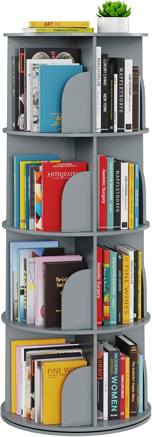 SpaceAid Drehbares Bücherregal mit 4 Etagen, drehbares Bücherregal, Lazy Susan, Aufbewahrung, rundes Karussell, vertikal drehbar, grau