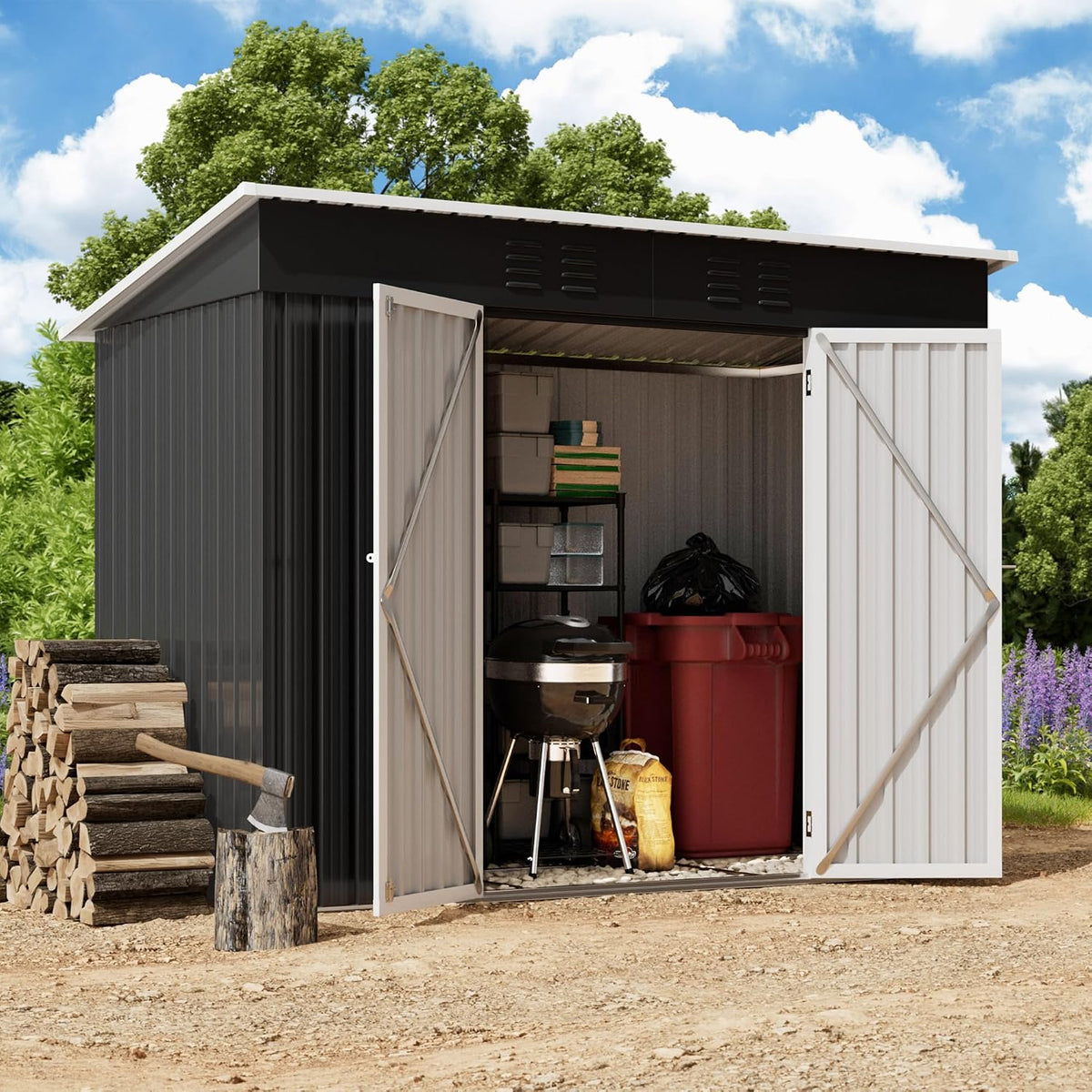 Amopatio Gerätehaus, Geräteschuppen 228x109x182 cm (BxTxH), Gartenhaus mit Pultdach, Gartenhaus Metall mit Tür, Schwarz
