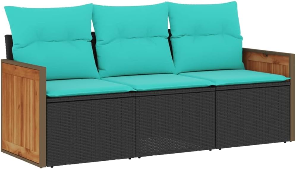 Makastle Gartensofa-Set Schwarz PE-Rattan mit Blauen Kissen, 3-teilig, 55 x 62 x 69 cm, 27,2 kg, Modulares Design, Montage Erforderlich
