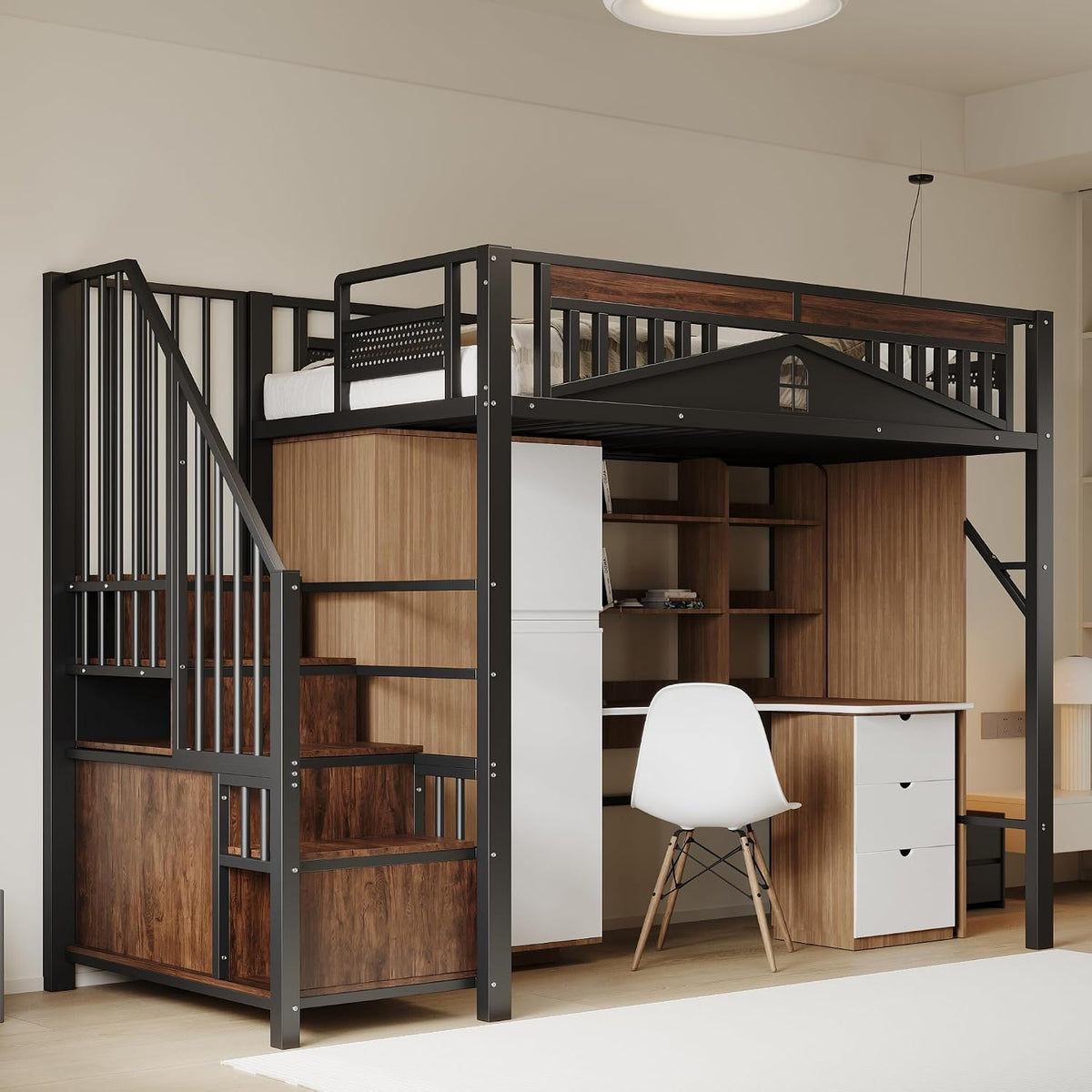 Merax Hochbett aus Metall 90 x 200 cm, Multifunktionales Hochbett für 1 Person mit Schrank und Aufbewahrungstreppen, Schwarz