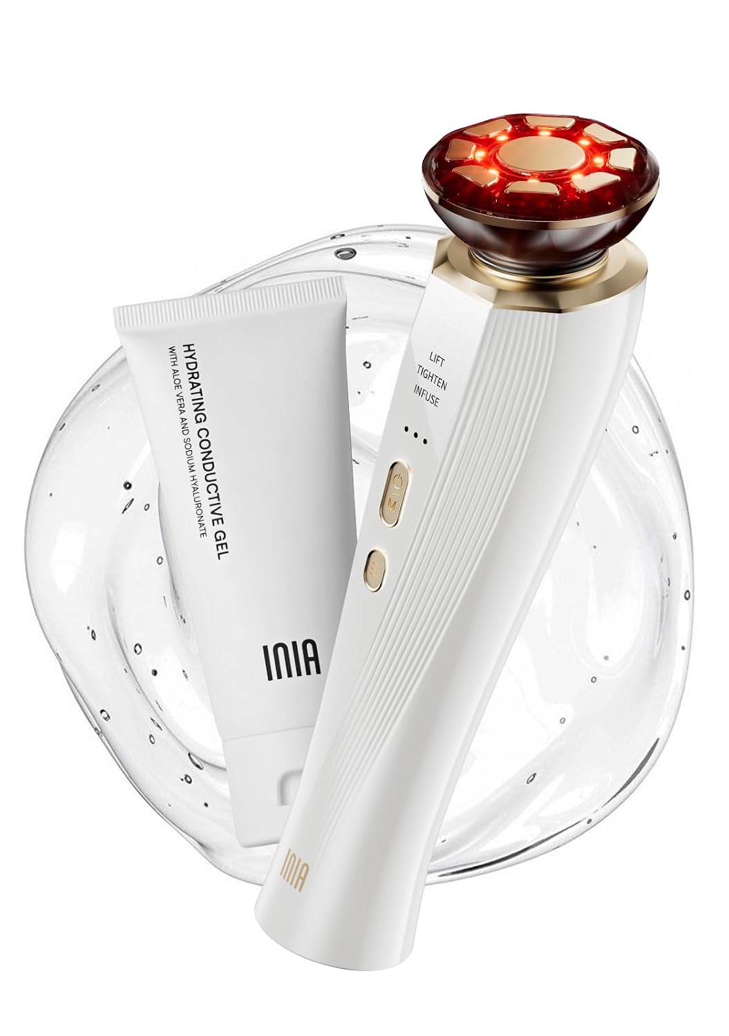 INIA FLARE Professionelles Mikrostrom Gesichtsmassagegerät mit Rotlicht, 3-in-1 für Gesicht & Hals mit Wärmefunktion