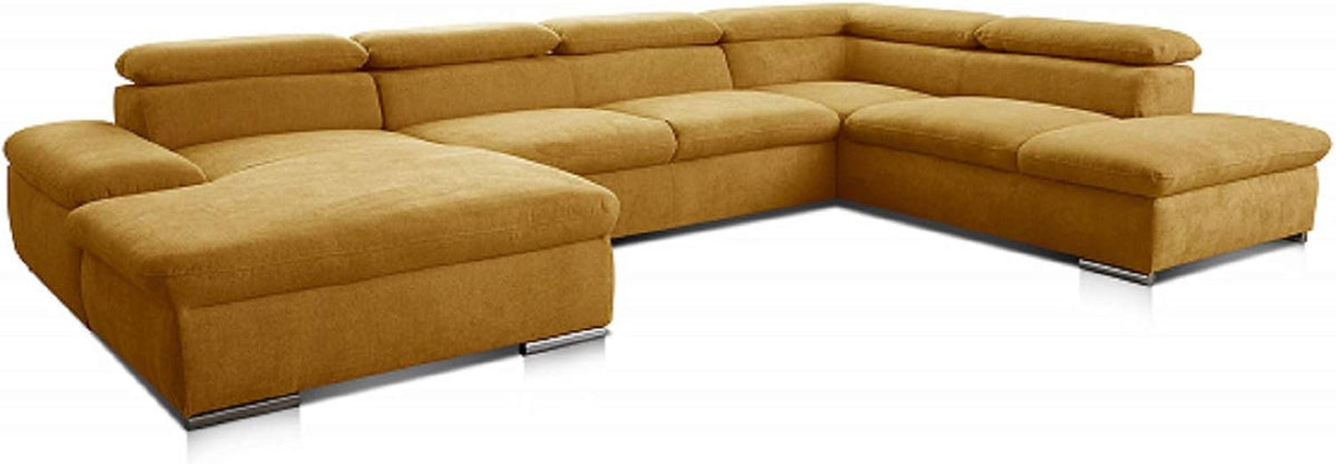 Cavadore Wohnlandschaft Alkatraz im modernen Design/U-Form mit Longchair links und Ottomane rechts/Inkl. Kopfteilverstellung/350 x 73 x 226/Gelb
