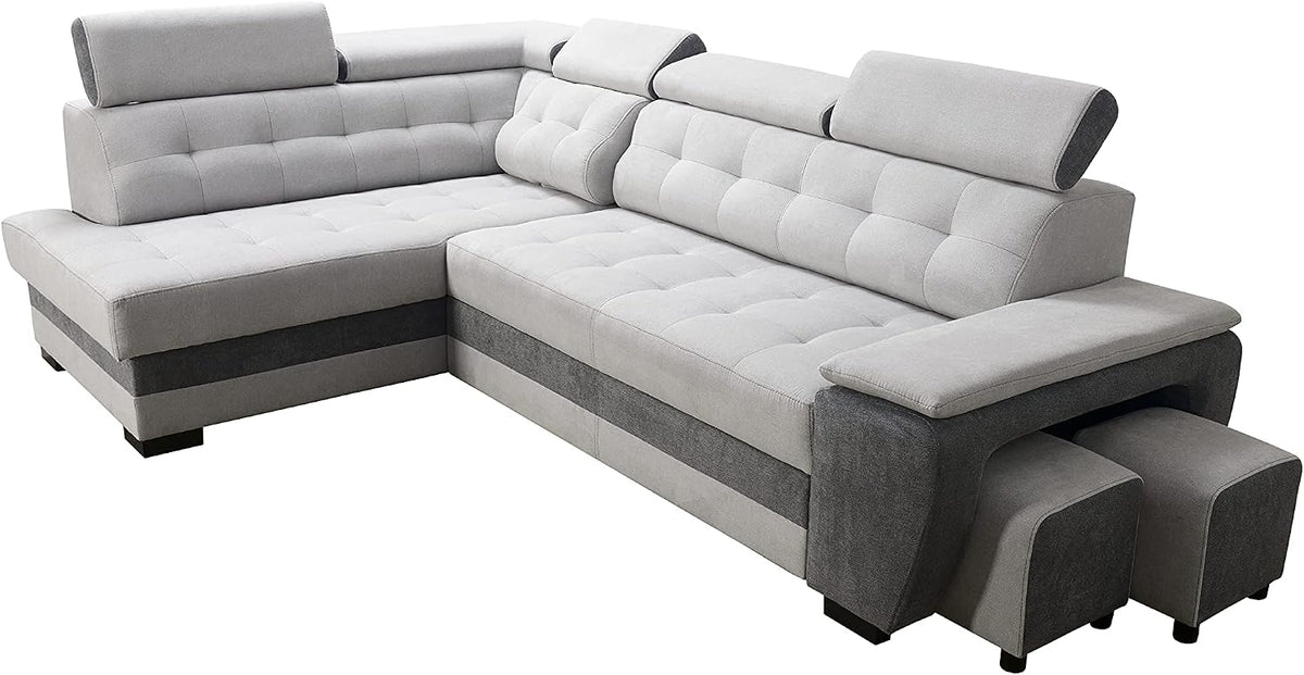 Robin Grand Ecksofa mit Schlaffunktion Bettkasten Kopfstützen Relaxfunktion 2 Hocker Sofa L-Form Schlafsofa Freistehende Eckcouch Schlafcouch