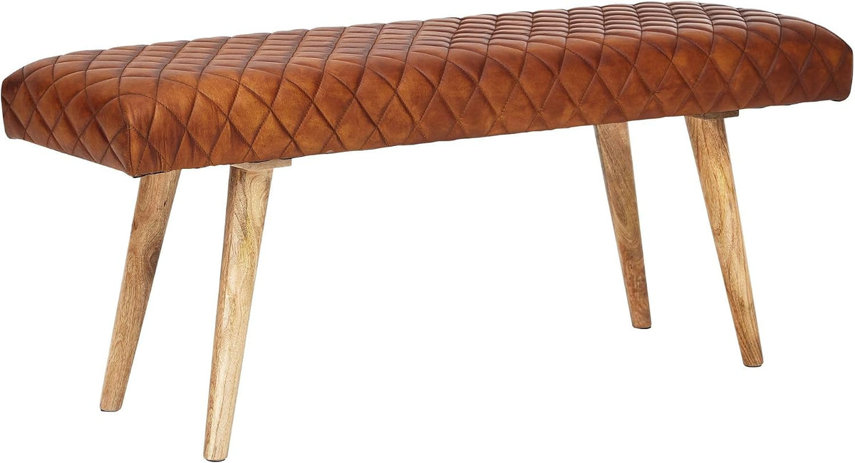 FineBuy gepolsterte Sitzbank 115 cm Massivholz Echtleder Braun, Retro Polsterbank für Garderobe Schlafzimmer & Wohnzimmer, Handmade