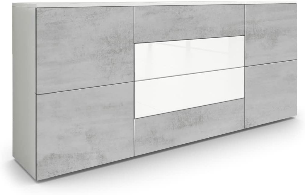 Vladon Sideboard Rova, Kommode mit 4 Türen und 4 Schubladen, Weiß matt/Beton Oxid Optik/Weiß Hochglanz (166 x 72 x 35 cm), Made in Germany
