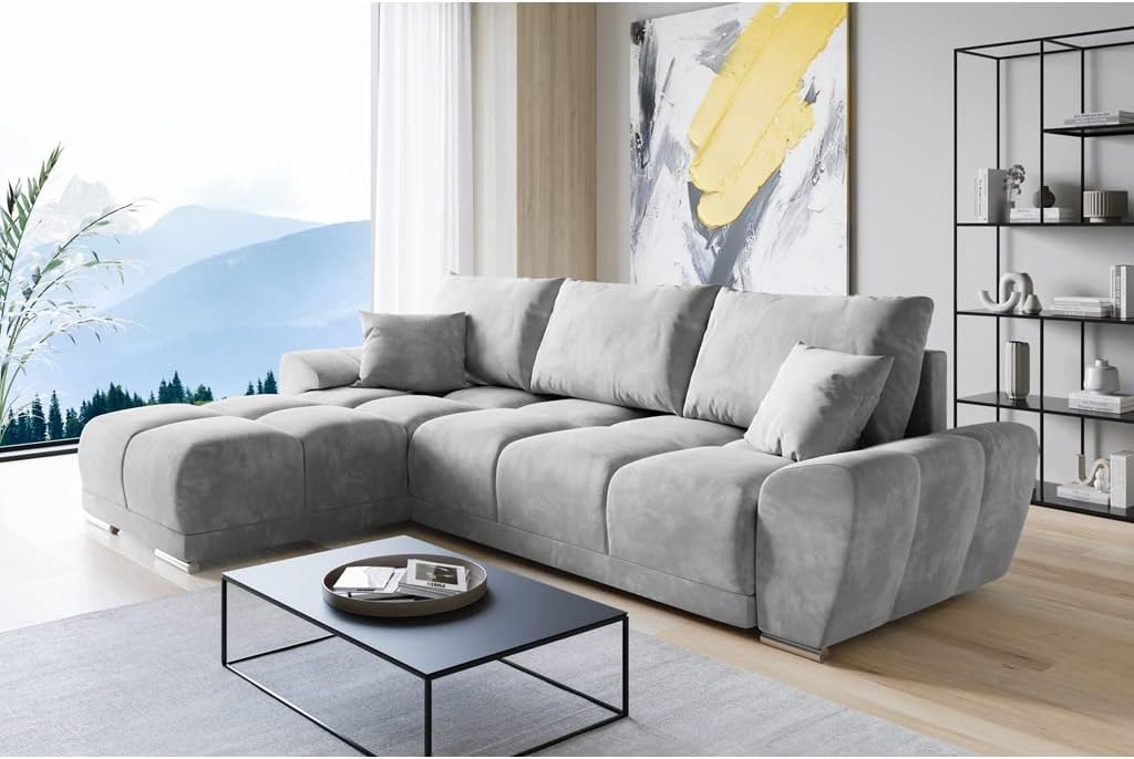 ML Furniture Velvet Ecksofa in L-Form, Sofa mit Schlaffunktion, Hellgrau Sofa, 289 x 189 cm, Couch mit Stauraum und Kissen, Schlafsofa mit Bettkasten