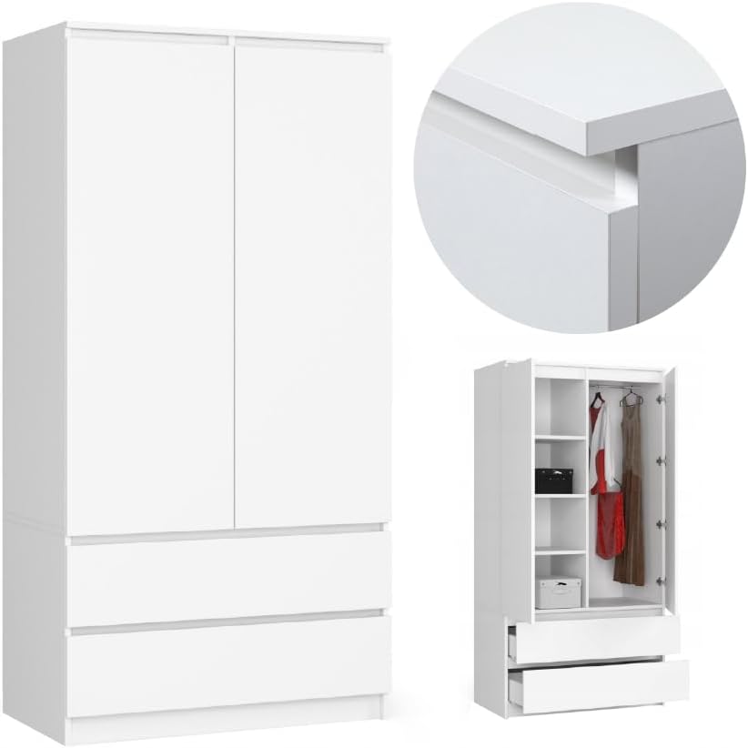 BDW Kleiderschränk 2 Türen, 180x90x51cm, Garderobenschrank für Schlafzimmer, 4 Einlegeböden, Kleiderständer, 2 Schubladen, Garderobenständer, (Weiß)