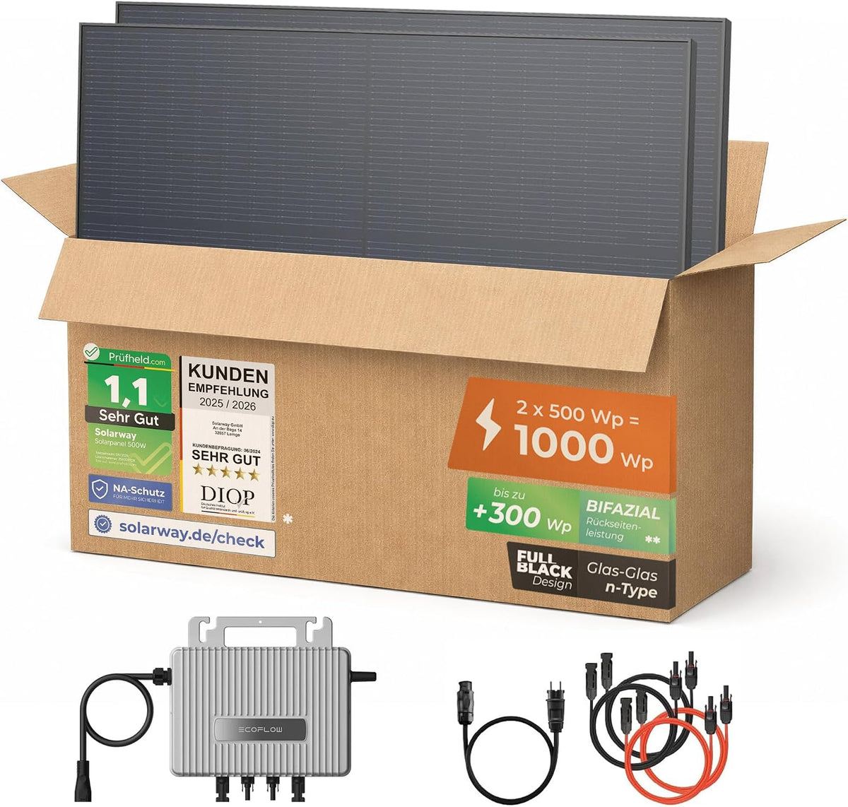Solarway 1000Wp/800W Balkonkraftwerk komplett Steckdose, 500W bifaziale Black Solarmodule & EcoFlow & Zubehör, Solaranlage Komplettset