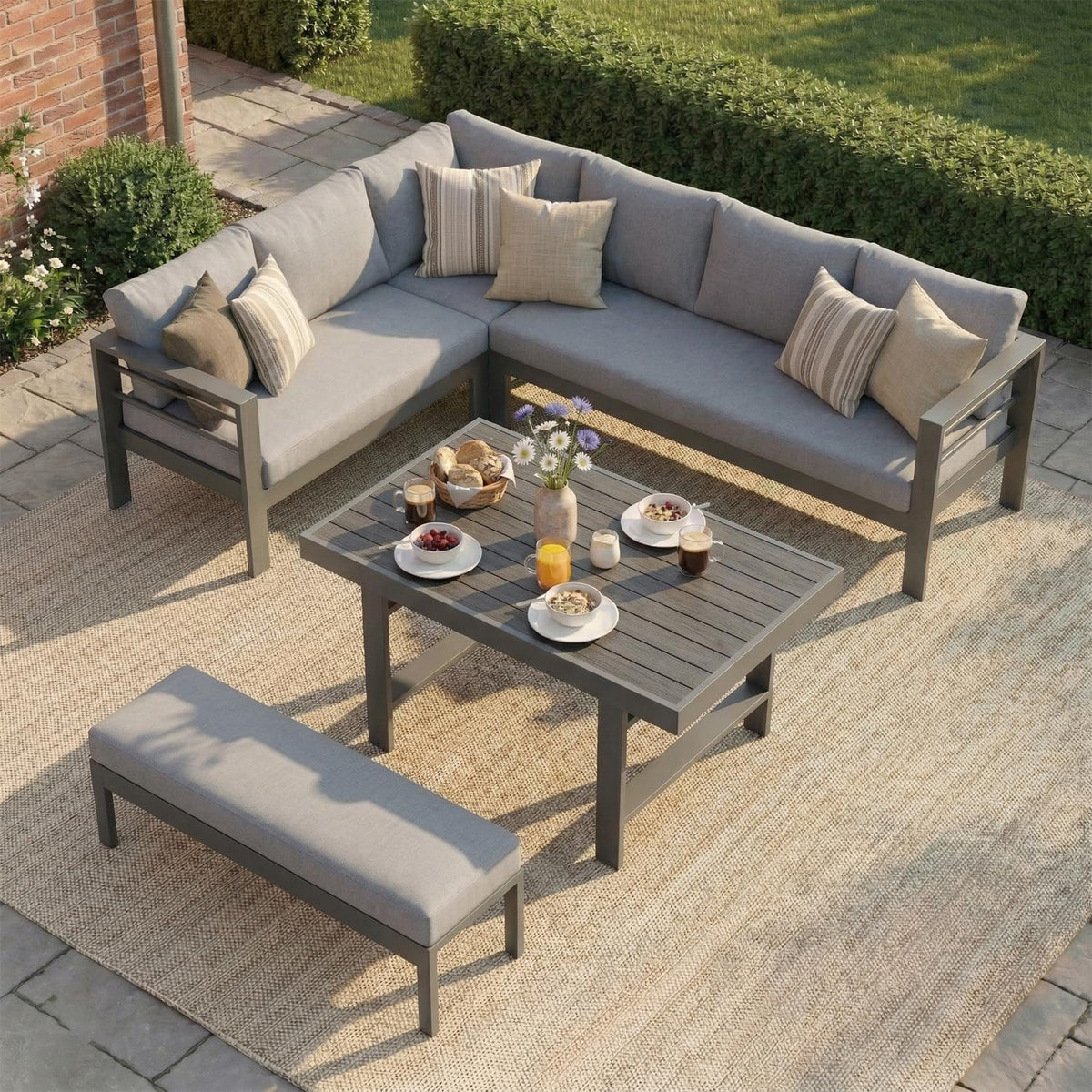 LANOX Aluminium Gartenlounge Set mit Tisch, 5-teiliges Lounge Gartenmöbel für 6–8 Personen, für Terrasse, wetterfest & UV-beständig, Grau