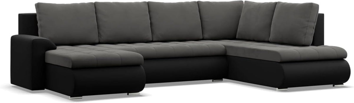 Mebligo, Sofa Wohnzimmer, Ecksofa mit Schlaffunktion und 3 Bettkasten FORESTA 300x89x200 (BxHxT) Dunkelgrau + Schwarz, Ottomane Rechts Eckcouch
