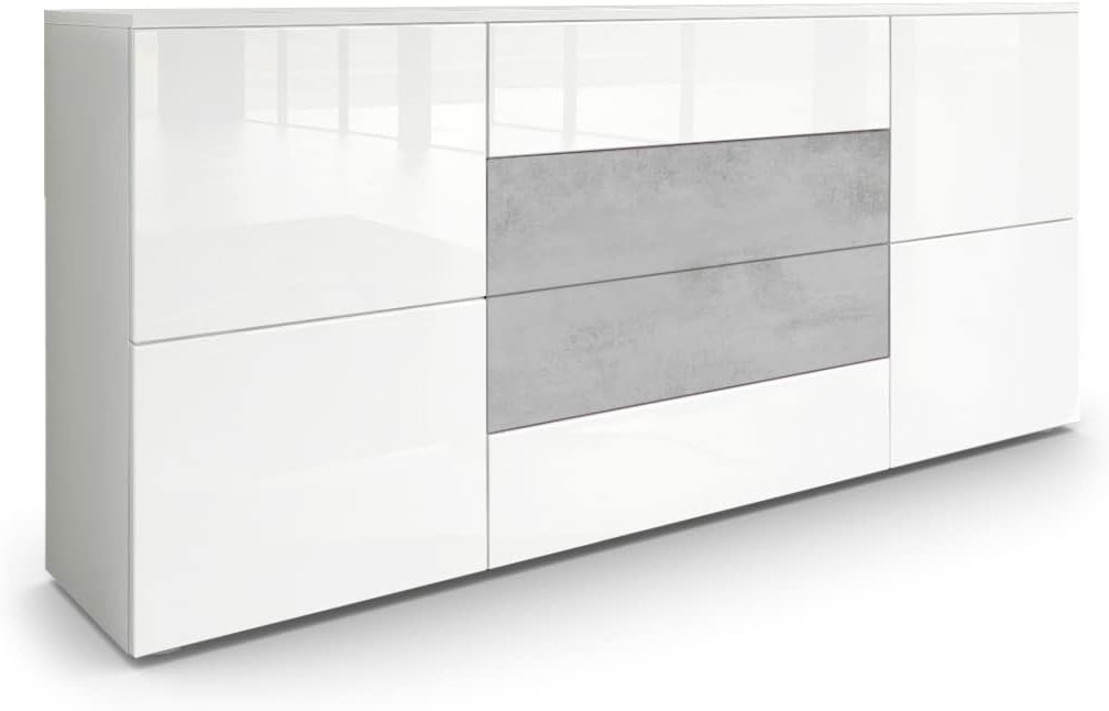 Vladon Sideboard Rova, Kommode mit 4 Türen und 4 Schubladen, Weiß matt/Weiß Hochglanz/Beton Oxid Optik (166 x 72 x 35 cm), Made in Germany