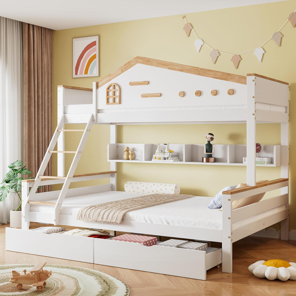 Merax Etagenbett Kinderbett 90x200 & 140x200 cm für 2-3 Kinder, Ohne Matratze, Hochbett mit Leiter & 2 Stauraum Schubladen & Lagerregal, Weiß & Natur