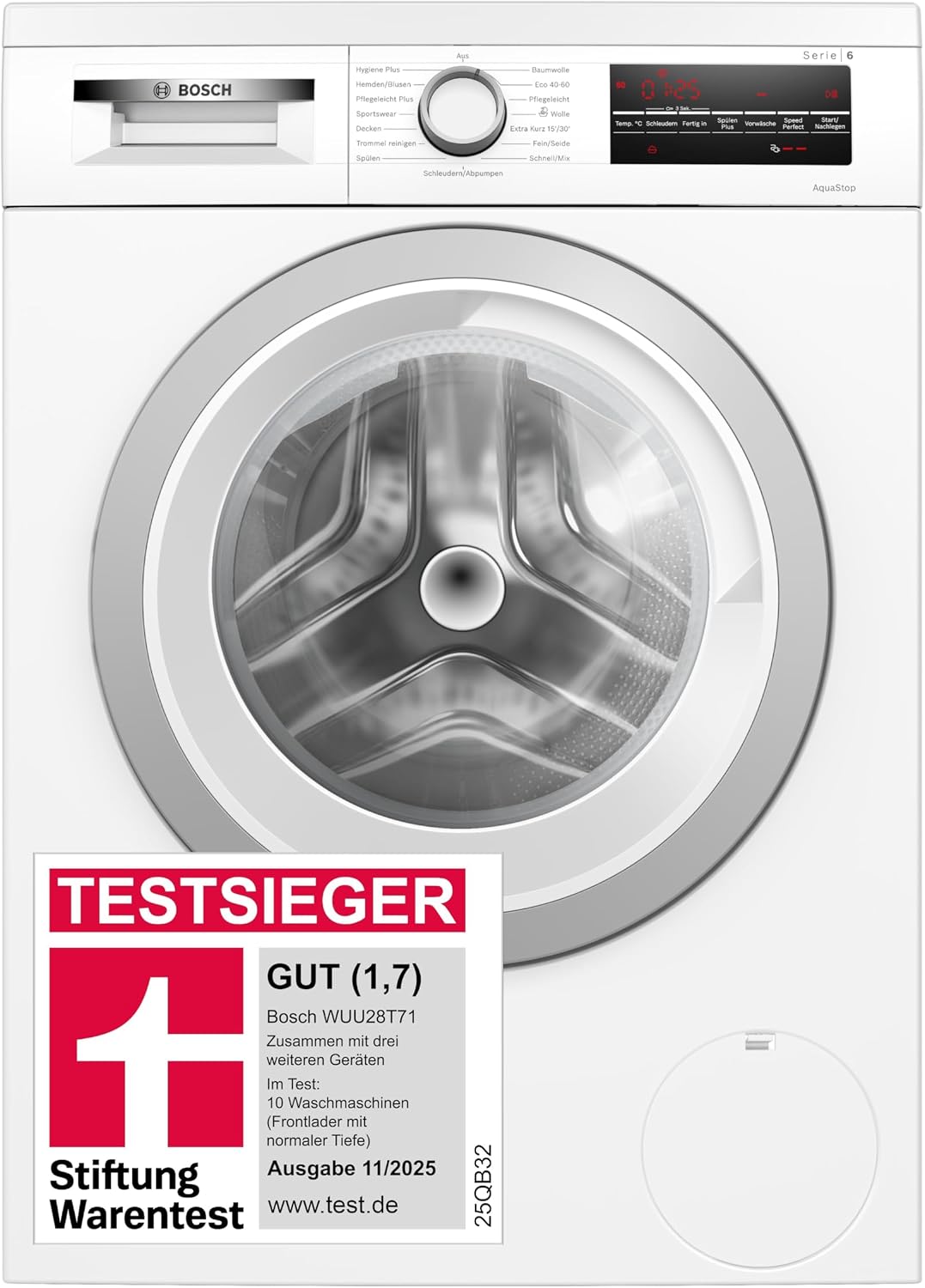 Bosch WUU28T71, Serie 6 Waschmaschine 8 kg, Stiftung Warentest Testsieger*, Unterbaufähig, 1400 UpM, Beladungserkennung, Hygiene Plus, Frontlader