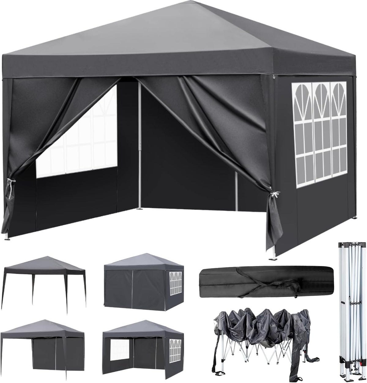 LEADZM Pavillon 3x3m Garten Faltpavillon mit 4 Seitenteilen, Dunkelgrau