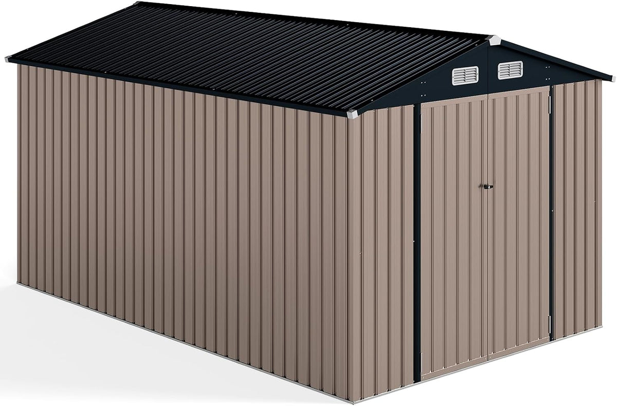 HOMASIS Gerätehaus Metall, Gartenhütte Outdoor Wetterfest (362x236x197cm), Geräteschuppen mit 2 Tür & 4 Lüftungsfenster & Satteldach