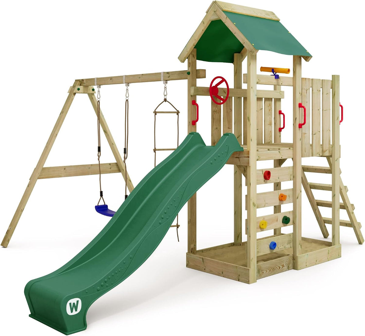 WICKEY Spielturm Klettergerüst MultiFlyer mit Schaukel & grüner Rutsche, Outdoor Kinder Kletterturm mit Sandkasten