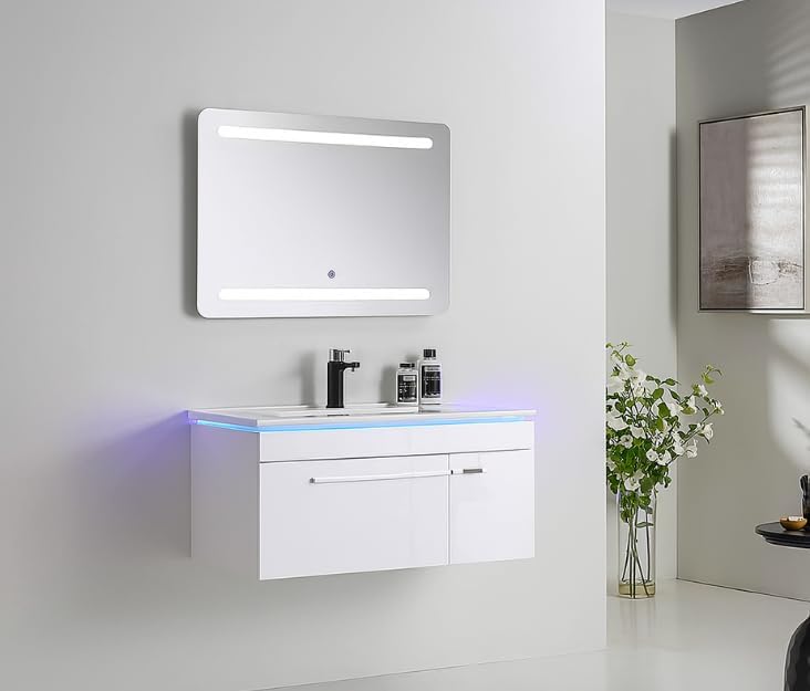 Hochglanz Badmöbel Set mit Keramik-Waschbecken & Unterschrank, Modernes 4-teiliges Badezimmer Set mit Soft-Close Unterschrank (Hochglanz Weiß, 90 cm)