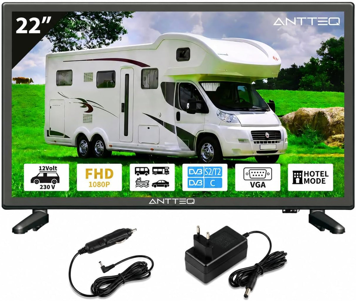 Antteq AE22F5C-T21 Fernseher 22 Zoll (55 cm) 2K D-LED mit 230V & 12V KFZ-Adapterl, Triple Tuner DVB-C/T2/S2, für Wohnmobil, Hotel Modus, Dolby Audio