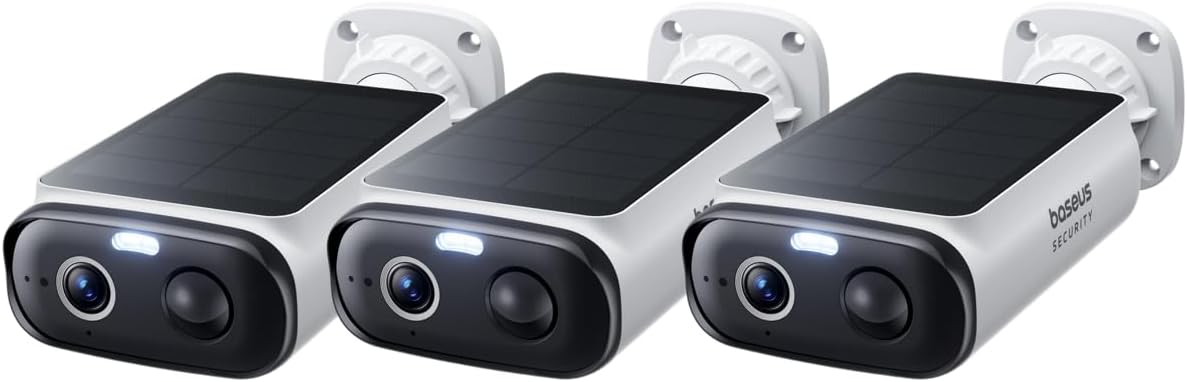 Baseus Security S1 Lite Überwachungskamera Aussen Solar Akku WLAN, IP67 Wetterfest, Kompatibel mit Alexa & Google [3 Stück], Farbnachtvision