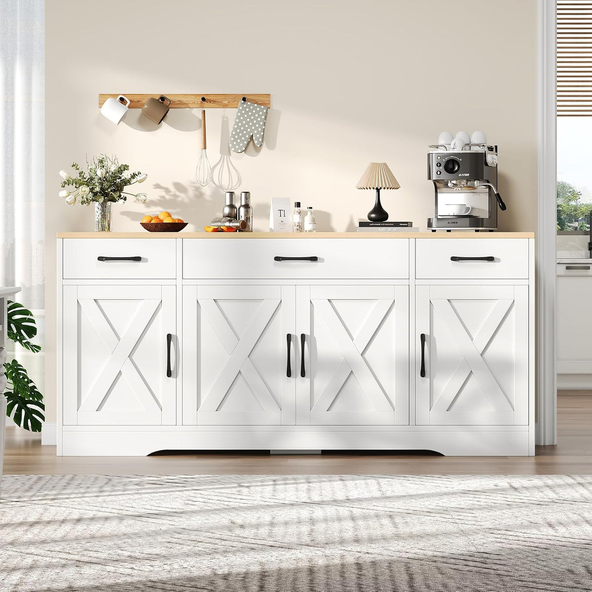 Wiuzo Modernes kommode weiß, 160x 37 x75 cm Multifunktionsschrank aus Holz, Sideboard mit 3 schubladen& 4 Tür, Wohnzimmer esszimmer Schrank