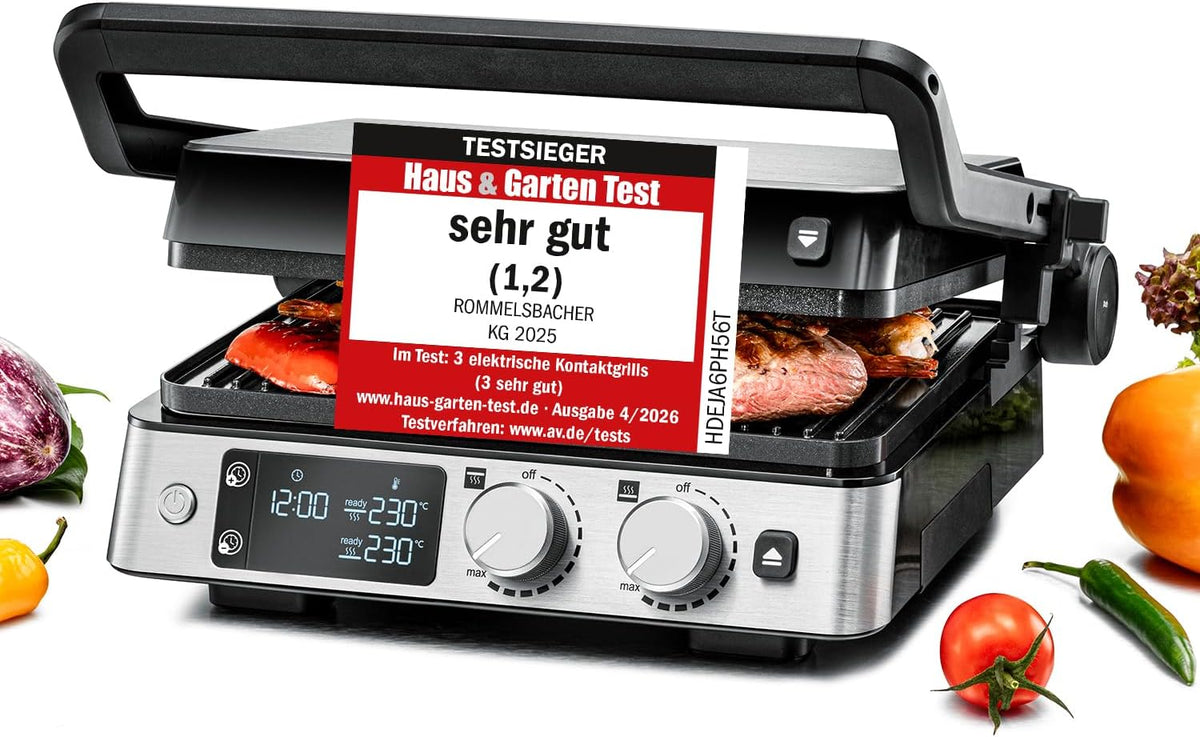 ROMMELSBACHER Kontaktgrill KG 2025, Kontakt- und Flächengrill, getrennt regelbare Grillflächen, keramische Antihaftbeschichtung (PFAS-frei)