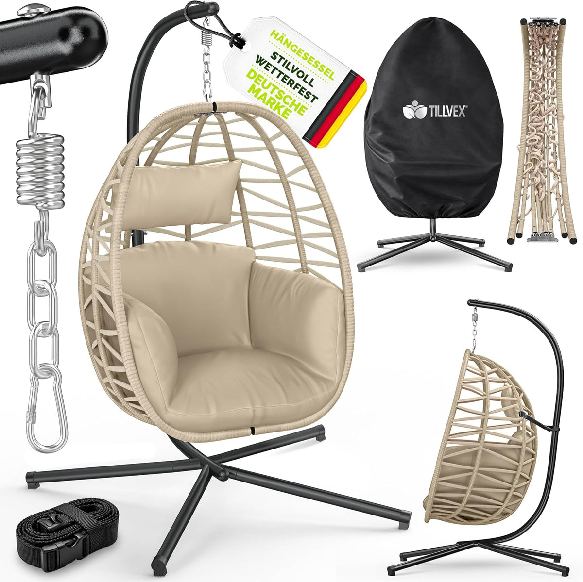 tillvex Hängesessel mit Gestell Outdoor Indoor mit wetterfester Abdeckung