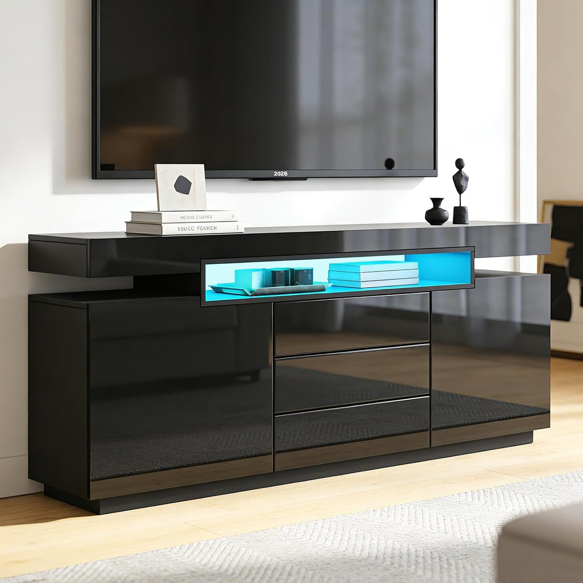 Schwarz Sideboard Schrank Matt Body & Hochglanz TV Lowboard LED Beleuchtung
